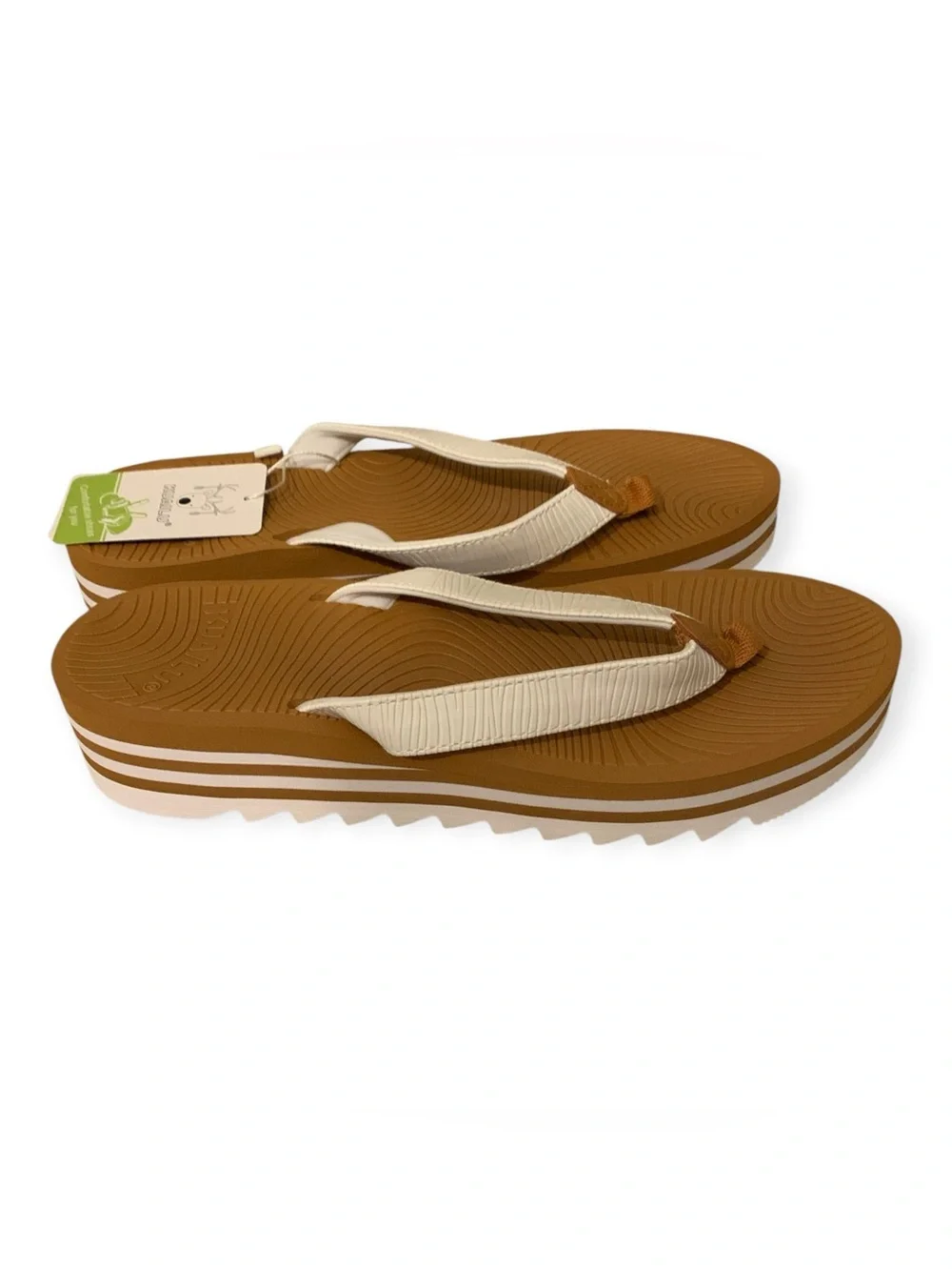 Kuailu White and Brown Platform Thong Sandals
